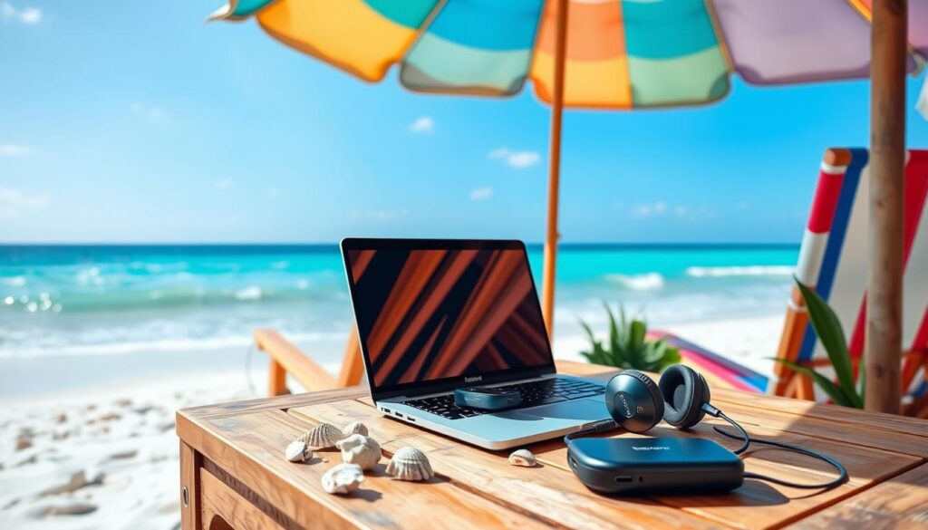 Beach office setup with reliable technology