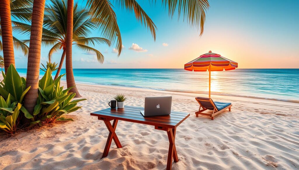 Tropical remote office setup on the beach